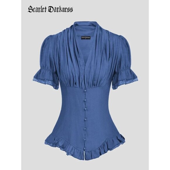 SCARLET DARKNESS Victorian Pleated Shirt Lace Up Work Blouse SKU: SLE02136-2 M - Picture 2 of 7